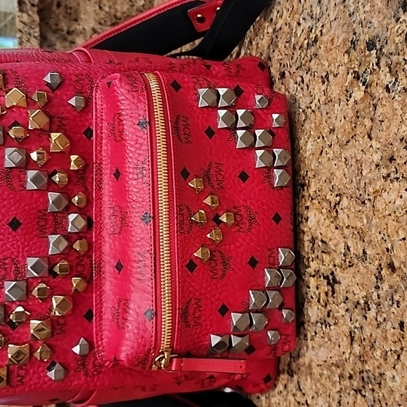 MCM Red Visetos Stark Studded Medium Backpack - Picture 3 of 17
